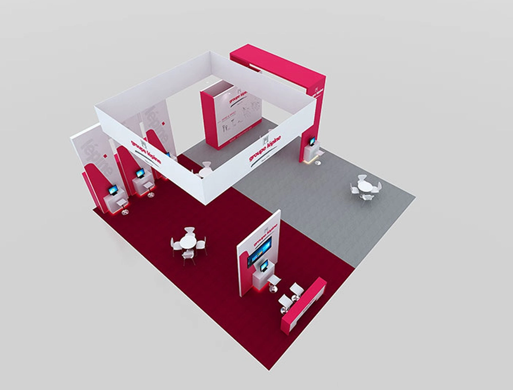 40x40 exhibit with modular product demo stations